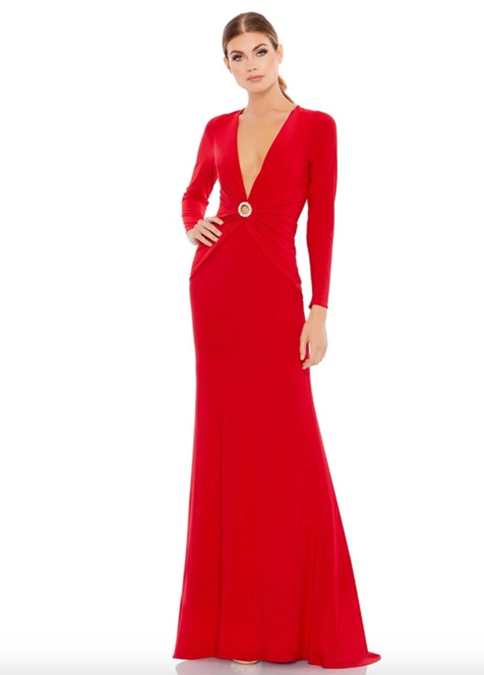 MAC DUGGAL Dress Size 6 Evening Gown Red NEW Gathered Pearl Deep V Keyhole